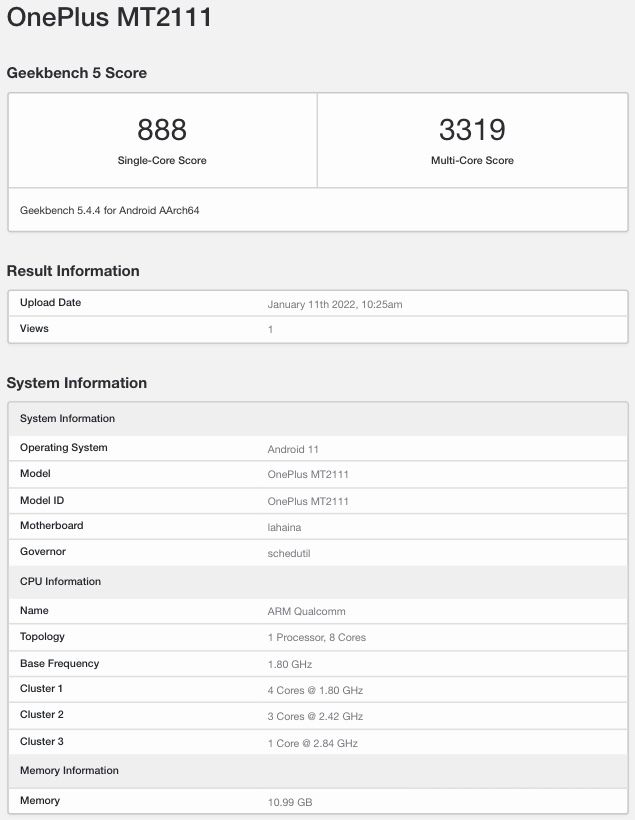 OnePlus 9RT Geekbench Score